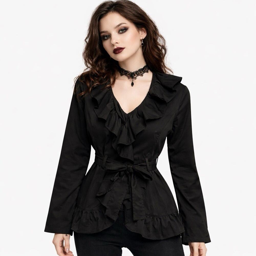Whimsigoth Ruffle Jacket Top Womens Medium Black Victorian Fairy Grunge Romantic